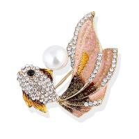 Rhinestone Zinc Alloy Brooch, with Plastic Pearl, Goldfish, gold color plated, for woman & with rhinestone 