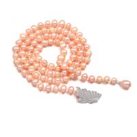 Collier de perles d'eau douce naturelles, perle, avec alliage de zinc, Placage de couleur platine, pour femme & avec strass, rose, 8-9mm Environ 29.53 pouce, Vendu par PC