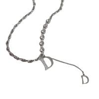 Brass Cubic Zirconia Necklace, with 2.36 extender chain, Letter D, silver color plated, micro pave cubic zirconia, silver color .72 Inch 