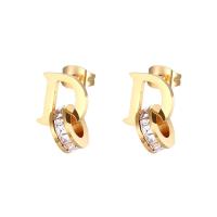 Titanium Steel Earrings, Letter D, plated, for woman & with rhinestone & hollow 10mm 