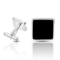 Brass Cufflinks,  Square, silver color plated, stoving varnish, black 