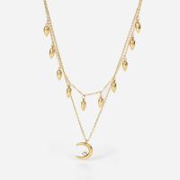 Cubic Zirconia Stainless Steel Necklace, with 1.96inch extender chain, Moon, 14K gold plated, Double Layer & micro pave cubic zirconia & for woman, 14.5mm Approx 16.5 Inch, Approx  14.1 Inch 
