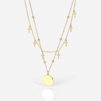 Stainless Steel Jewelry Necklace, with 1.96inch extender chain, Flat Round, 14K gold plated, Double Layer & oval chain & for woman, 16.86mm Approx 17.3 Inch, Approx  15.3 Inch 