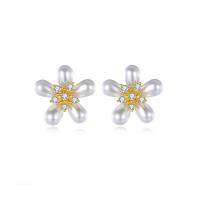 Cubic Zirconia Micro Pave Brass Earring, Flower, gold color plated, micro pave cubic zirconia & for woman, white 