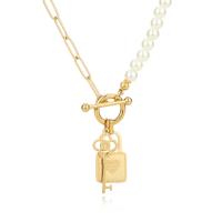 Stainless Steel Jewelry Necklace, with Plastic Pearl, Lock and Key, gold color plated, for woman Approx 17.32 Inch 