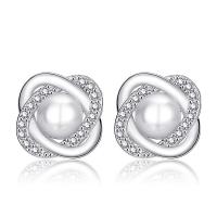 Cubic Zirconia Micro Pave Brass Earring, with Plastic Pearl, plated, micro pave cubic zirconia & for woman, silver color, 12mm 