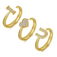 Brass Cuff Finger Ring, gold color plated & micro pave cubic zirconia, golden, 20mm 