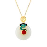 Natural Jade Necklace, 925 Sterling Silver, with Hetian Jade & Yunnan Red Agate, gold color plated, Hand-Painted Enamel Glaze & for woman Approx 15.74 Inch 