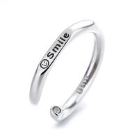 925 Sterling Silver Cuff Finger Ring, Adjustable & with letter pattern & for woman & with rhinestone, original color 