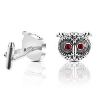Brass Cufflinks, Owl, platinum color plated, for man & with rhinestone 