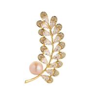 Freshwater Pearl Brooch, Brass, with Freshwater Pearl, Wheat, 18K gold plated, micro pave cubic zirconia & for woman 