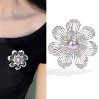 Cubic Zirconia Brooch, Brass, with Shell Pearl, petals, platinum plated, micro pave cubic zirconia & for woman & hollow 