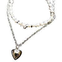 Freshwater Pearl Brass Necklace, with Brass, Heart, Double Layer & for woman, mixed colors Approx 45 cm 
