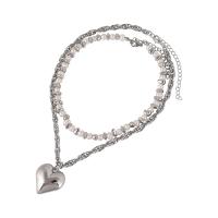 Natural Freshwater Pearl Necklace, with Titanium Steel, Heart, Double Layer & for woman, mixed colors, 32cm,39cm 