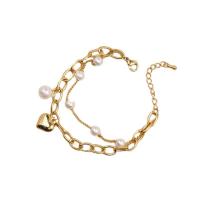 Titane bracelet en acier et bracelet, Acier titane, avec perle de plastique, coeur, Placage, pour femme, doré Environ 19 cm, Vendu par PC