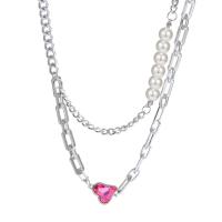 Titan Schmuck Halskette, Titanstahl, mit ABS-Kunststoff-Perlen, mit Verlängerungskettchen von 2.4, plattiert, Doppelschicht & Modeschmuck & für Frau & mit Strass, Silberfarbe, Länge:50 cm, verkauft von PC