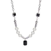 Titan Schmuck Halskette, Titanstahl, mit ABS-Kunststoff-Perlen, mit Verlängerungskettchen von 2.37, plattiert, Modeschmuck & für Frau & mit Strass, Silberfarbe, Länge:45 cm, verkauft von PC