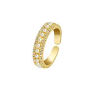 Anillo de dedo de latón, metal, con Perlas plásticas, chapado en color dorado, Estilo coreano & ajustable & para mujer, tamaño:6-8, Vendido por UD