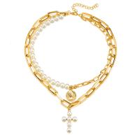 Mode-Multi-Layer-Halskette, Zinklegierung, mit Kunststoff Perlen, mehrschichtig & für Frau, goldfarben, Länge:ca. 45 cm, verkauft von PC