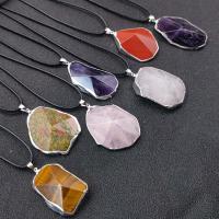 Gemstone Necklaces, Natural Stone, with leather cord & Brass, irregular, platinum color plated & Unisex & faceted 30-48mm Approx 17.72 Inch 