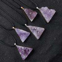 Amethyst Necklace, with leather cord & Brass, Triangle, plated, druzy style & Unisex, purple, 25-35mmx28-35mm Approx 17.72 Inch 