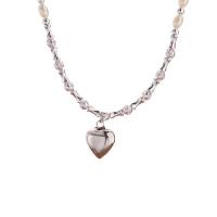 Brass Necklace, with Plastic Pearl, Heart, silver color plated, Korean style & for woman Approx 19.5 Inch 
