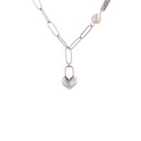 Brass Jewelry Necklace, with Plastic Pearl, Lock, silver color plated, Korean style & for woman Approx 18 Inch 