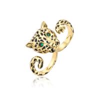 Brass Double Chain Link Finger Ring, Leopard, gold color plated, Adjustable & micro pave cubic zirconia 