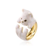 Brass Cuff Finger Ring, Bear, gold color plated, Adjustable & for woman & enamel, white 