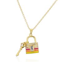 Cubic Zircon Micro Pave Brass Necklace, Lock and Key, gold color plated, micro pave cubic zirconia & for woman & enamel Approx 17.71 Inch 