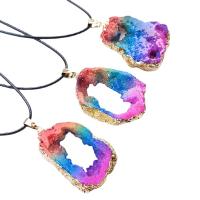 Quartz Necklace, Rainbow Quartz, with leather cord & Brass, irregular, gold color plated, druzy style & Unisex & hollow, multi-colored, 30-50mm Approx 17.72 Inch 