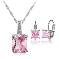 Cubic Zirconia Micro Pave Brass Jewelry Sets, earring & necklace, silver color plated, 2 pieces & micro pave cubic zirconia, pink, 6mm 