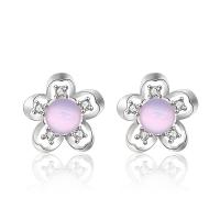 Sterling Silver Stud Earring, 925 Sterling Silver, with Lampwork, Flower, platinum color plated, micro pave cubic zirconia & for woman 
