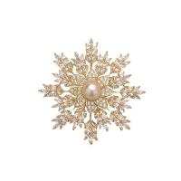 Freshwater Pearl Brooch, Brass, with Freshwater Pearl, Snowflake, gold color plated, micro pave cubic zirconia & for woman 