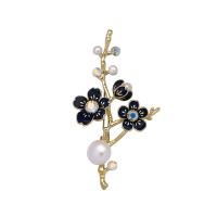 Freshwater Pearl Brooch, Brass, with Freshwater Pearl, Plum Blossom, gold color plated, micro pave cubic zirconia & for woman 