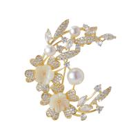 Cubic Zirconia Brooch, Brass, with Shell Pearl, gold color plated, micro pave cubic zirconia & for woman 