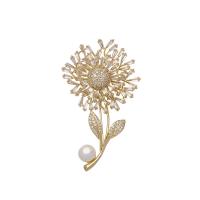 Cubic Zirconia Brooch, Brass, with Plastic Pearl, gold color plated, micro pave cubic zirconia & for woman 
