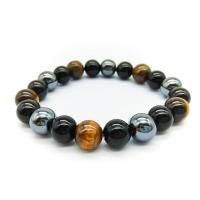 Gemstone Bracelets, Tiger Eye, with Black Stone & Hematite, Round, elastic & Unisex mixed colors Approx 7.48 Inch 