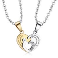 Couple Stainless Steel Necklace, Heart, plated, 2 pieces & with rhinestone .65 Inch 