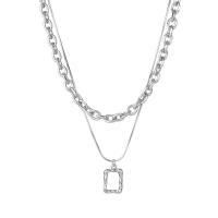 Stainless Steel Jewelry Necklace, 304 Stainless Steel, Square, Galvanic plating, Double Layer & for woman, silver color, 400+60mm,410+65mm 