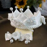 Cloth Jewelry Set, crown & earring, with Plastic Pearl, handmade, for bridal, white, 12*8CM ; 5*3cm 