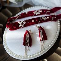 Cloth Jewelry Set, Headband & earring, with Zinc Alloy, handmade, for bridal & with rhinestone, red, 142*40CM ; 3*10CM 