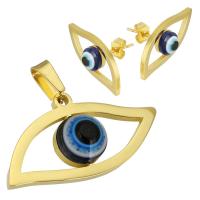 Fashion Stainless Steel Jewelry Sets, Stud Earring & pendant, with Resin, Evil Eye, gold color plated, for woman & hollow, 29*15mm,23*10mm 