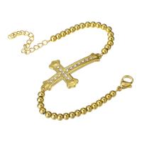 Stainless Steel Charm Bracelet, Cross, gold color plated, micro pave cubic zirconia & for woman, 40*22mm,4mm Approx 8.5 Inch 