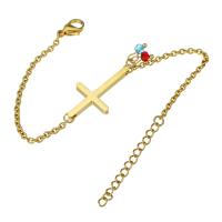Bracelet en acier inoxydable, avec cristal, croix, Placage de couleur d'or, pour femme, 32*16mm,2mm Environ 8.4 pouce, Vendu par PC