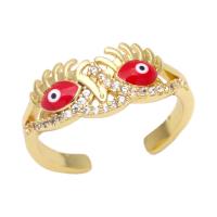 Brass Cuff Finger Ring, gold color plated, evil eye pattern & micro pave cubic zirconia & enamel 9mm 