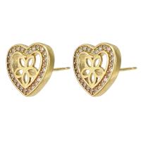Cubic Zirconia Micro Pave Brass Earring, Heart, micro pave cubic zirconia & hollow, original color 