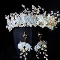 Rhinestone Zinc Alloy Jewelry Set, crown & earring, with Cloth & Plastic Pearl, handmade, for woman & with rhinestone 16CM , 11*5.5CM 
