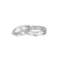 Couple Finger Rings, 925 Sterling Silver, with Moonstone, platinum color plated, Adjustable & micro pave cubic zirconia 