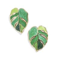 Enamel Zinc Alloy Stud Earring, zinc alloy post pin, Leaf, gold color plated, for woman, green 